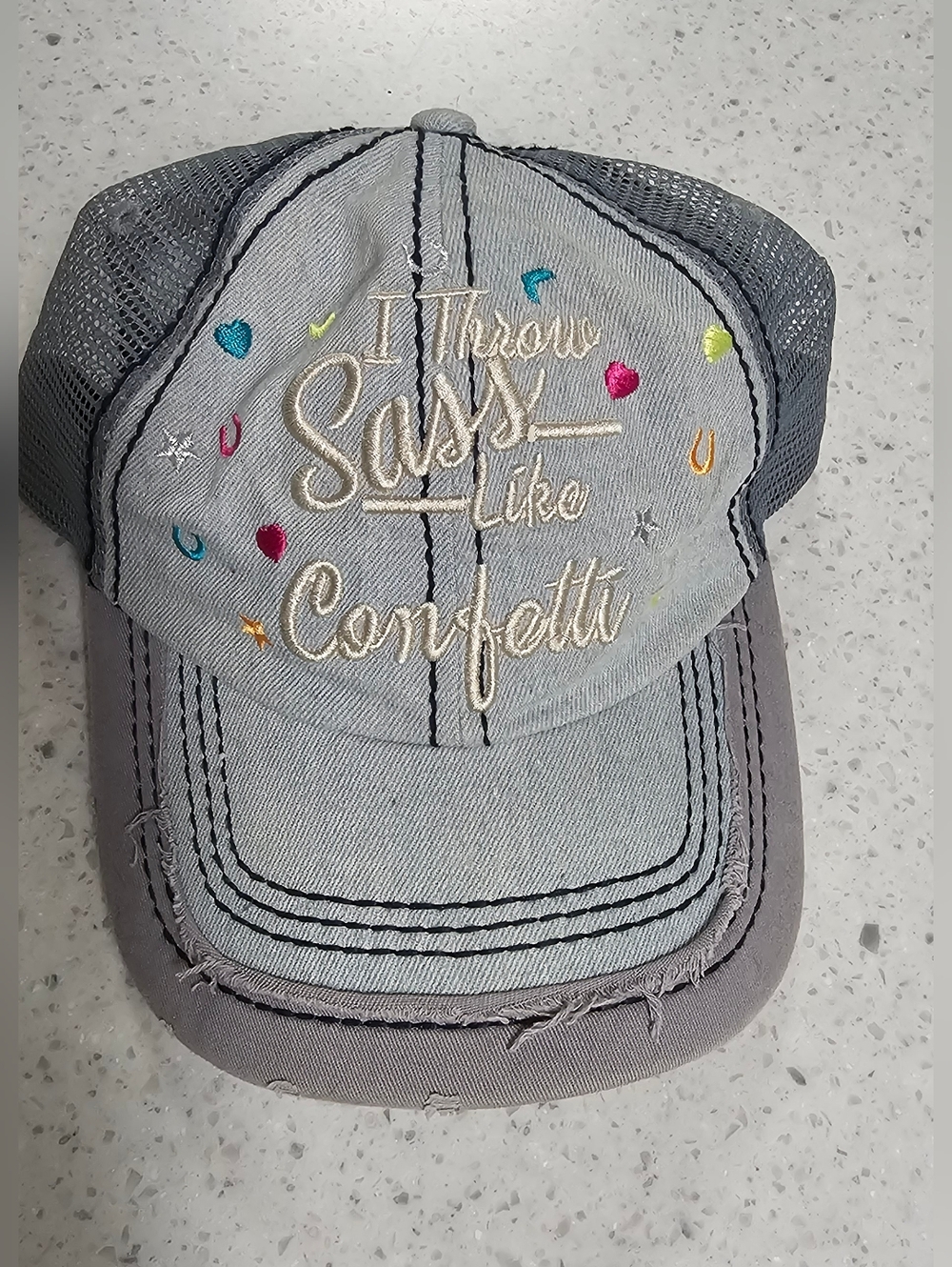 Women's Distressed Trucker Hat - "I Throw Sass Like Confetti"